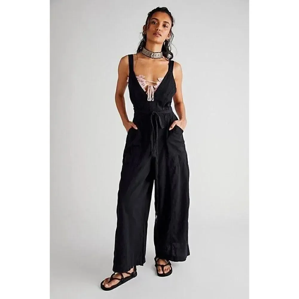 NWT FREE PEOPLE Sz M PRETTY SIMPLE UTILITY JUMPSUIT WIDE LEG ONE PIECE BLACK